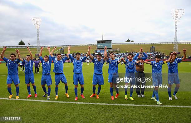 The players of Uzbekistan celebrate victory over Fiji in the FIFA U-20 World Cup Group F match between Fiji and Uzbekistan at the Northland Events...
