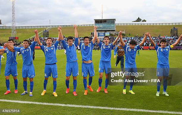 The players of Uzbekistan celebrate victory over Fiji in the FIFA U-20 World Cup Group F match between Fiji and Uzbekistan at the Northland Events...