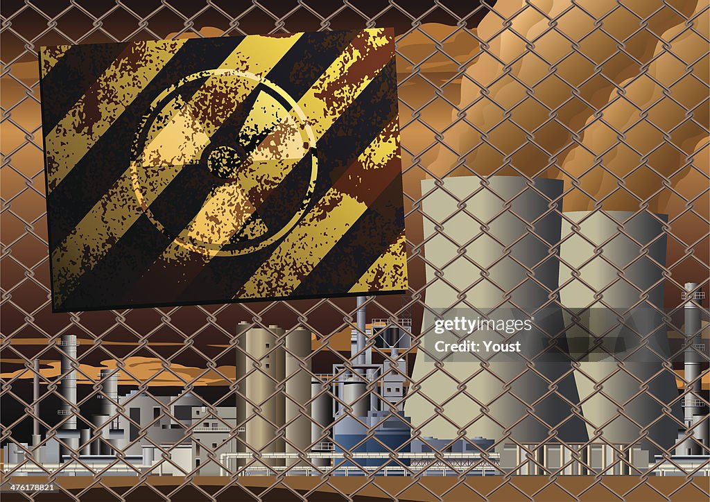 Grunge Radioactive Danger Sign on Nuclear Power Station Grid