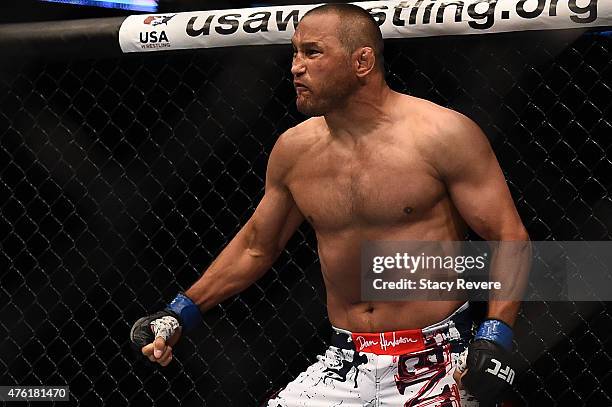 Dan Henderson reacts to his victory over Tim Boetsch in their middleweight bout during the UFC Fight Night event at Smoothie King Center on June 6,...