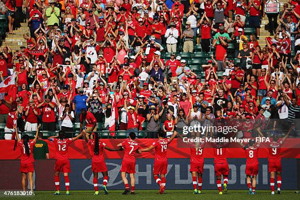 Canada acknowledges their fans following their 1-0 win over China PR during the FIFA Women's World Cup Canada 2015 Group A match at Commonwealth...