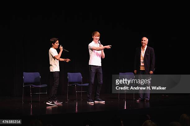 Karan Brar, Calum Worthy and David Gideon speak on stage at Greenwich Film Festival 2015 - Children's Acting Workshop at Massey Theater At Greenwich...
