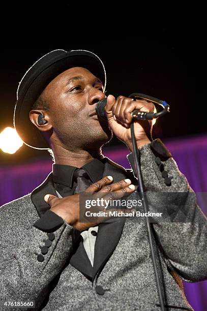Musician Aloe Blacc performs onstage during the 14th annual Chrysalis Butterfly Ball sponsored by Audi, Kayne Anderson, Lauren B. Beauty and Z...