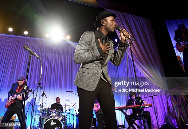 Musician Aloe Blacc performs onstage during the 14th annual Chrysalis Butterfly Ball sponsored by Audi, Kayne Anderson, Lauren B. Beauty and Z...