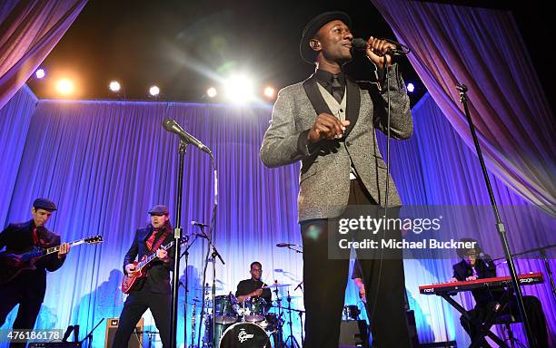 Musician Aloe Blacc performs onstage during the 14th annual Chrysalis Butterfly Ball sponsored by Audi, Kayne Anderson, Lauren B. Beauty and Z...