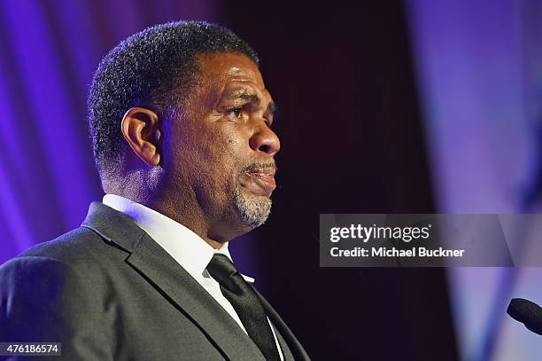 John Dillon Award recipient Charles Johnson speaks at the 14th annual Chrysalis Butterfly Ball sponsored by Audi, Kayne Anderson, Lauren B. Beauty...