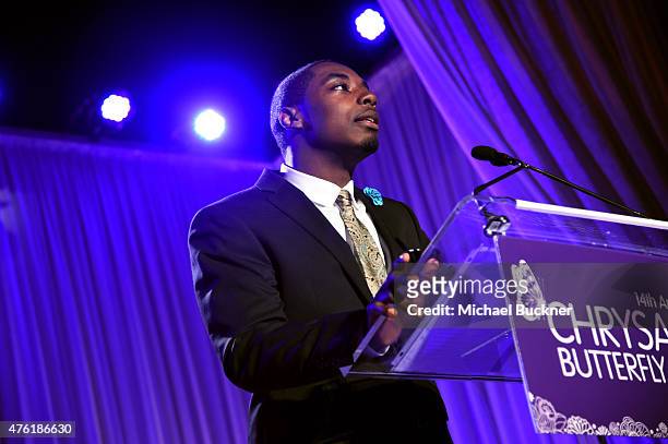 Dominique Packer speaks onstage during the 14th annual Chrysalis Butterfly Ball sponsored by Audi, Kayne Anderson, Lauren B. Beauty and Z Gallerie on...