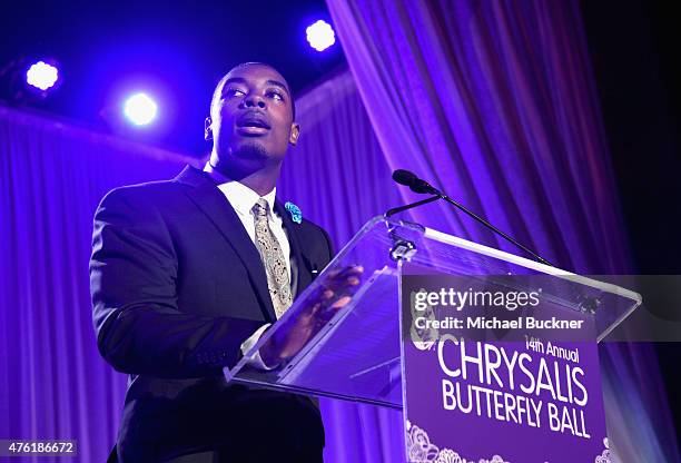 Dominique Packer speaks onstage during the 14th annual Chrysalis Butterfly Ball sponsored by Audi, Kayne Anderson, Lauren B. Beauty and Z Gallerie on...