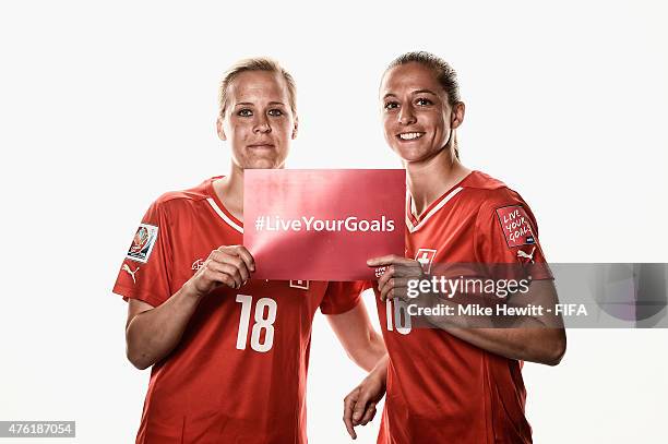 Vanessa Buerki and Fabienne Humm of Switzerland help promote the #Live Your Goals project during the official Switzerland portrait session ahead of...