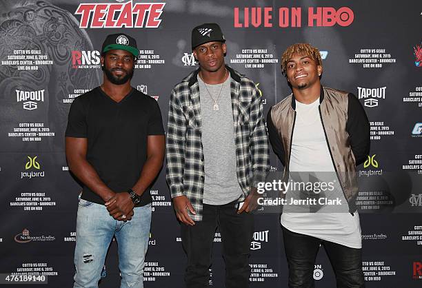 Jaiquawn Jarrett, Geno Smith and Buster Skine attend the Roc Nation Sports Miguel Cotto Vs Daniel Geale Fight at Barclays Center on June 6, 2015 in...