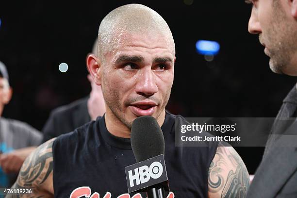 Boxer Miguel Cotto after his 4th round knockout win over Daniel Geale to retain his WBC middleweight world title during Roc Nation Sports Miguel...