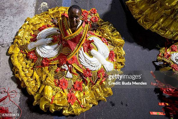 Members of Imperio da Tijuca samba school get ready prior to their entrance as part of the 2014 Brazilian Carnival at Sapucai Sambadrome on March 02,...