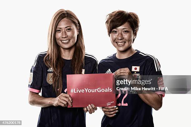 Rumi Utsugi and Asano Nagasato of Japanhelp promote the #Live Your Goals project during the official Japan portrait session ahead of the FIFA Women's...