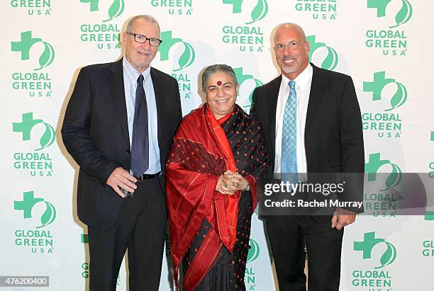 Actor Ed O'Neil, Honoree Dr Vandana Shiva, and President and CEO Global Green USA Dr. Les McCabe attend the Global Green USA 19th Annual Millennium...