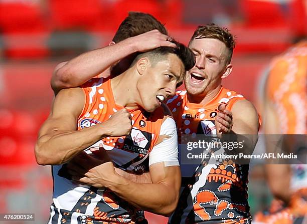 Dylan Shiel of the Giants celebrates during the round 10 AFL match between the Greater Western Sydney Giants and the Brisbane Lions at Spotless...