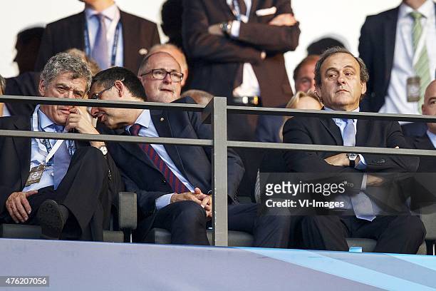 President of Royal Spanish Football Federation Angel Maria Villar Llona, President of FC Barcelona Josep Maria Bartomeu, UEFA President Michel...