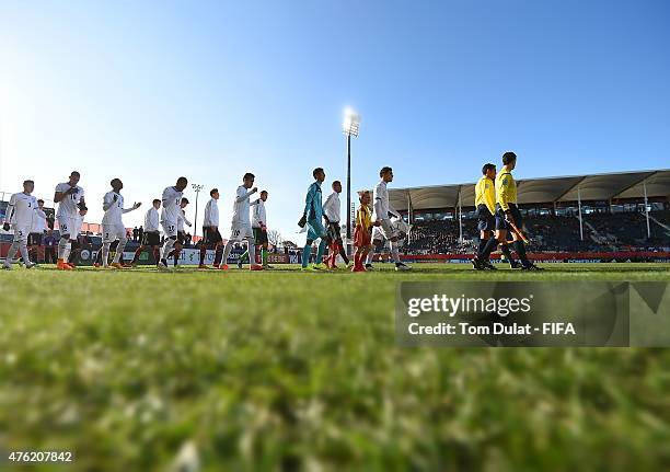Players leave the tunnel during the FIFA U20 World Cup New Zealand 2015 Group F match between Honduras and Germany on June 7, 2015 in Christchurch,...