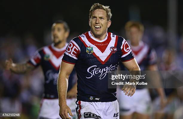 Mitchell Aubusson of the Roosters looks dejected during the round 13 NRL match between the Sharks and the Roosters at Remondis Stadium on June 7,...