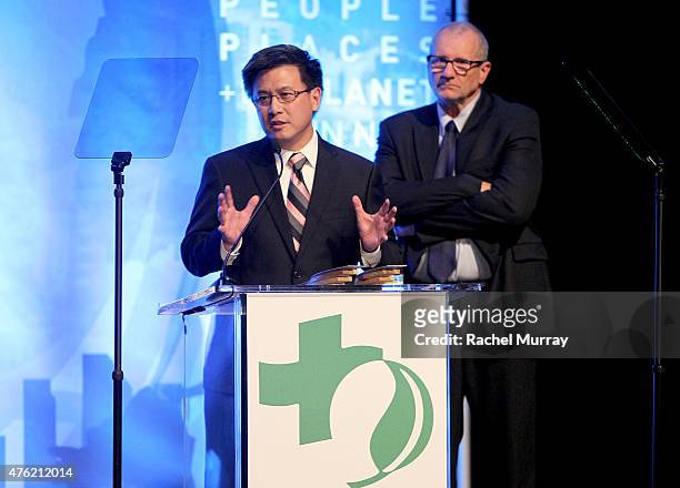 California Tresurer John Chiang and actor Ed O'Neil speak onstage during the Global Green USA 19th Annual Millennium Awards on June 6, 2015 in...