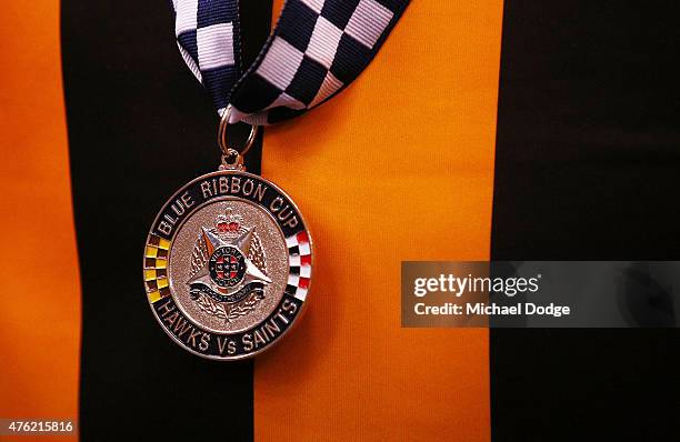 Blue Ribbon medal is seen on the chest of Cyril Rioli of the Hawks during the round 10 AFL match between the St Kilda Saints and the Hawthorn Hawks...