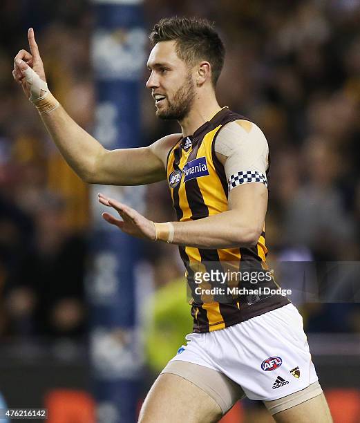 Jack Gunston of the Hawks celebrates a goal during the round 10 AFL match between the St Kilda Saints and the Hawthorn Hawks at Etihad Stadium on...