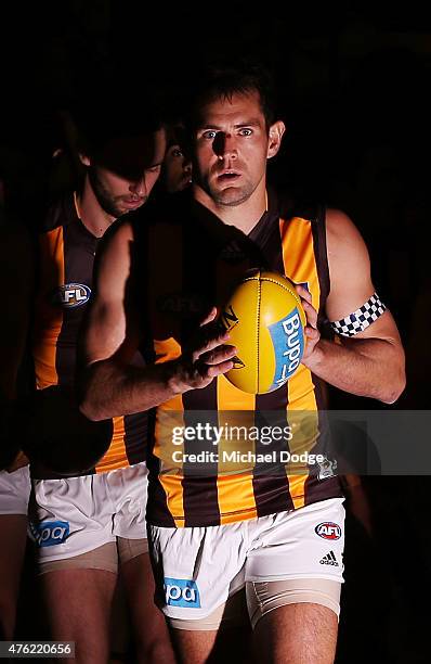 Luke Hodge of the Hawks leads the team out during the round 10 AFL match between the St Kilda Saints and the Hawthorn Hawks at Etihad Stadium on June...