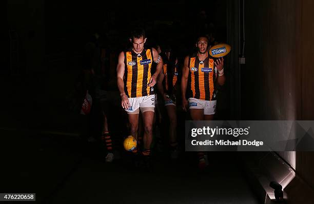 Luke Hodge of the Hawks leads the team out with Josh Gibson during the round 10 AFL match between the St Kilda Saints and the Hawthorn Hawks at...