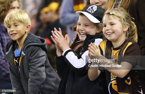 Hawks fans react to the Hawks mascot during the round 10 AFL match between the St Kilda Saints and the Hawthorn Hawks at Etihad Stadium on June 7,...