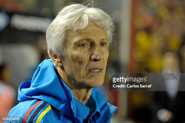 Jose Pekerman coach of Colombia looks the actions during a friendly match between Colombia and Costa Rica at Diego Armando Maradona Stadium on June...