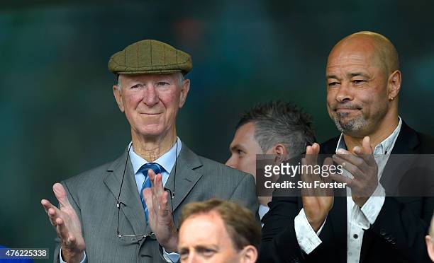 Ex Ireland manager Jack Charlton and former player Paul McGrath applaud the anthem before the International friendly match between Republic of...