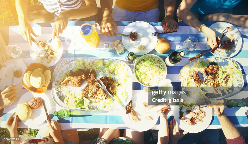 Grupo de personas con un almuerzo al aire libre.