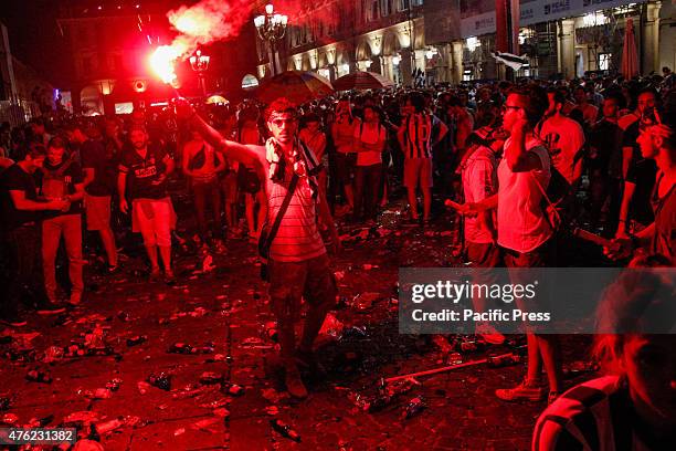 Juventus supporters leave at the end of the Champions League final soccer match between Juventus and Barcelona in Turin's San Carlo Square.