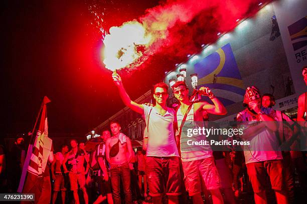 Juventus supporters leave at the end of the Champions League final soccer match between Juventus and Barcelona in Turin's San Carlo Square.