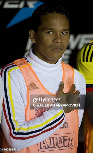 Colombian footballer Carlos Bacca poses before a friendly football match against Costa Rica in preparation for the Copa America 2015, at the Diego...