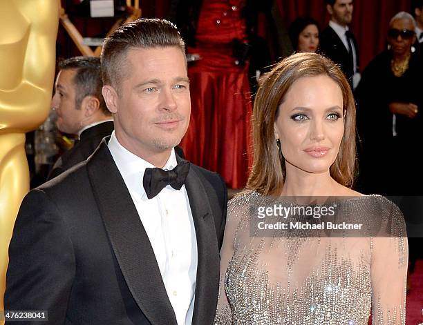 Actor/producer Brad Pitt and actress Angelina Jolie attend the Oscars held at Hollywood & Highland Center on March 2, 2014 in Hollywood, California.