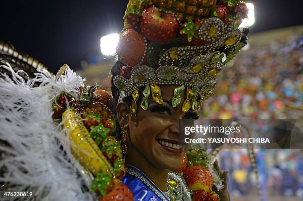 First Princess of the Carnival Clara Cristina Paixão de Oliveira performs during the first night of carnival parade at the Sambadrome in Rio de...