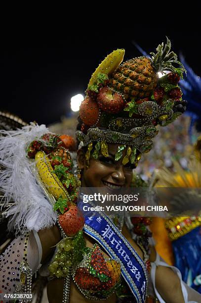 First Princess of the Carnival Clara Cristina Paixão de Oliveira performs during the first night of carnival parade at the Sambadrome in Rio de...