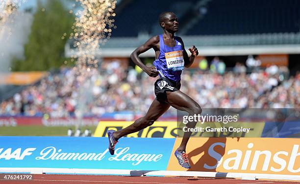 Thomas Longosiwa of Kenya wins the Mens 5000 metres during the Sainsbury's Birmingham Grand Prix at Alexander Stadium on June 7, 2015 in Birmingham,...