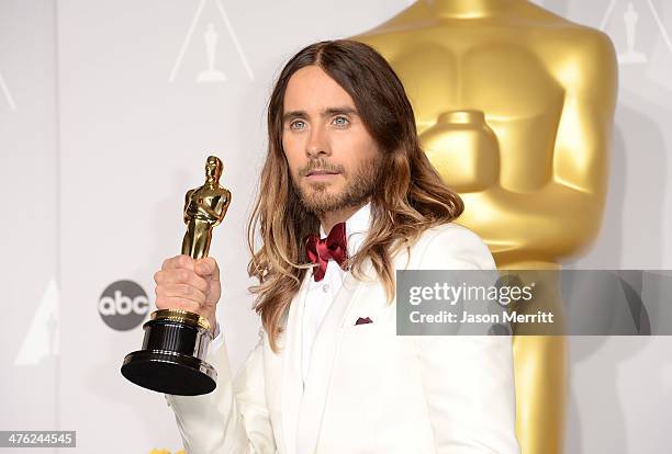 Jared Leto, winner of Best Performance by an Actor in a Supporting Role poses in the press room during the Oscars at Loews Hollywood Hotel on March...