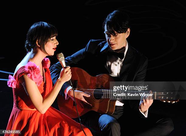 Singer Karen O and musician Ezra Koenig perform onstage during the Oscars at the Dolby Theatre on March 2, 2014 in Hollywood, California.