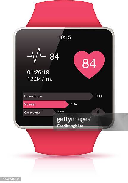 pink smart watch mit fitness app-symbol auf dem display - smartwatch stock-grafiken, -clipart, -cartoons und -symbole