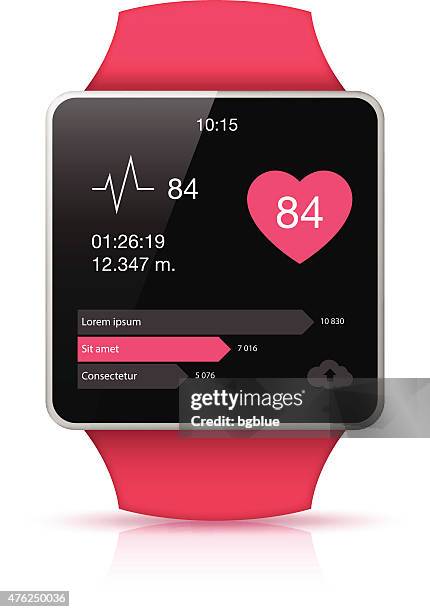 pink smart watch with health app icon on the screen - smart watch stock illustrations