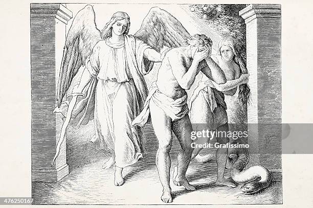 cherubim engel expulsing adam and eve - adam bibelfigur stock-grafiken, -clipart, -cartoons und -symbole