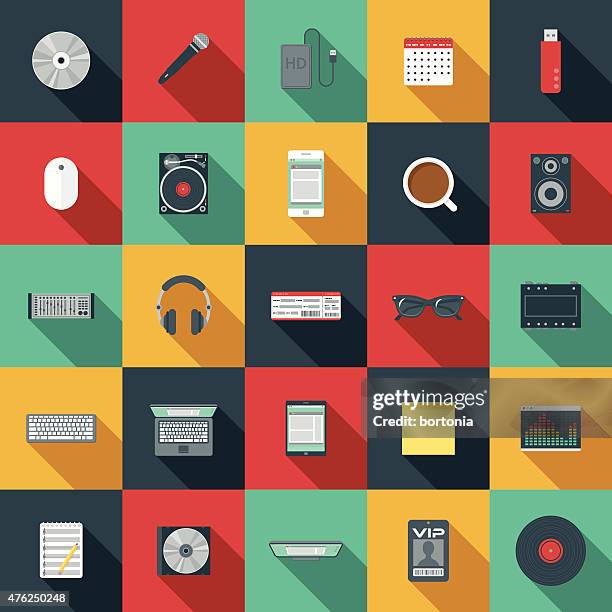 ilustraciones, imágenes clip art, dibujos animados e iconos de stock de icono de diseño plano conjunto de elementos de música - compact disc