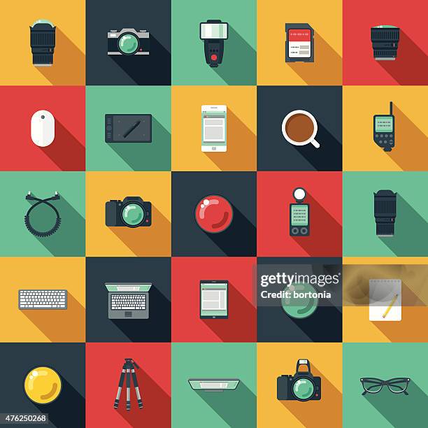 flat design photographer's elements icon set - light meter stock illustrations