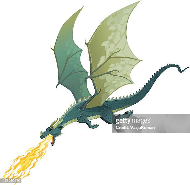 flying dragon atmen feuer-isoliert - drachen stock-grafiken, -clipart, -cartoons und -symbole