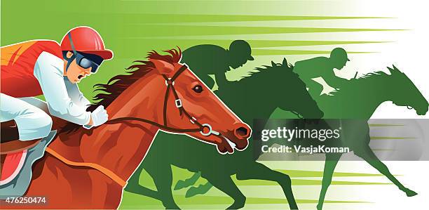 close up of horse racing with background silhouettes - horse racing vector stock illustrations