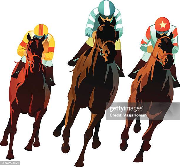 illustrations, cliparts, dessins animés et icônes de courses hippiques-vue de face de chevaux de course - selle de cheval
