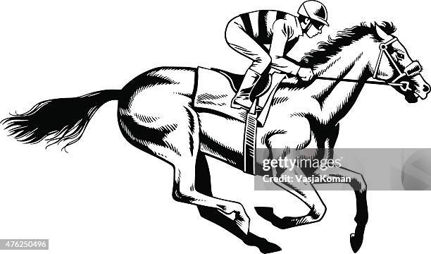purebred pferderennen-schwarz und weiß-abbildung - jockey stock-grafiken, -clipart, -cartoons und -symbole