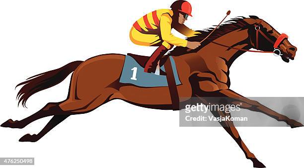 illustrazioni stock, clip art, cartoni animati e icone di tendenza di cavallo purosangue di cavalli da corsa - jockey